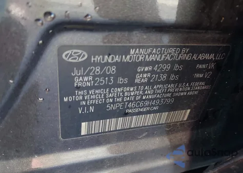 2009 Hyundai Sonata Gls из США, поврежденный, VIN 5NPET46C69H493799